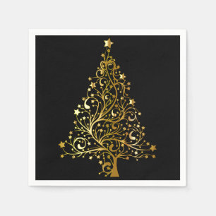 Merry Christmas Tree Stars Black Gold Shiny Chic Paper Napkins