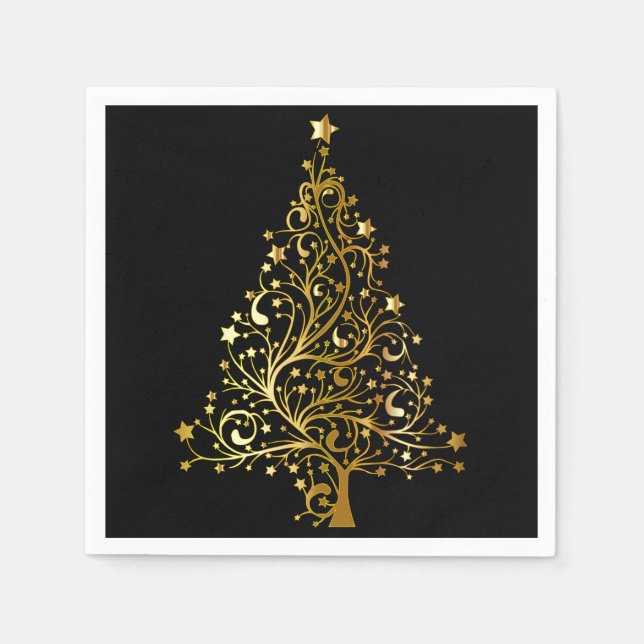 Merry Christmas Tree Stars Black Gold Shiny Chic Paper Napkins (Front)