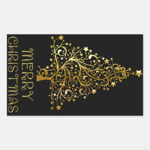 Merry Christmas Tree Stars Black Gold Shiny Chic Rectangular Sticker