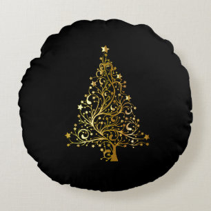 Merry Christmas Tree Stars Black Gold Shiny Chic Round Pillow