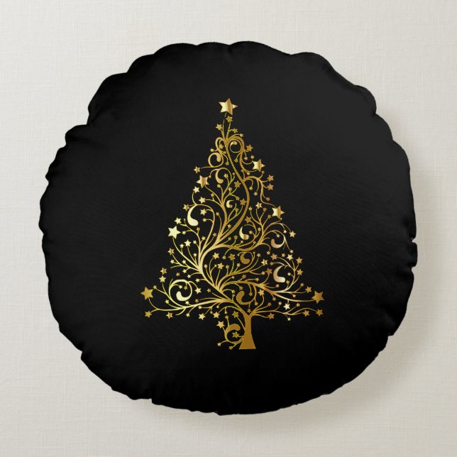 Merry Christmas Tree Stars Black Gold Shiny Chic Round Pillow (Front)