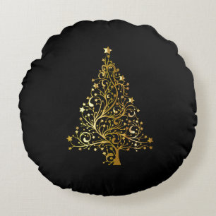 Merry Christmas Tree Stars Black Gold Shiny Chic Round Pillow