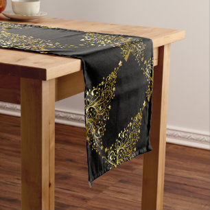 Merry Christmas Tree Stars Black Gold Shiny Chic Short Table Runner