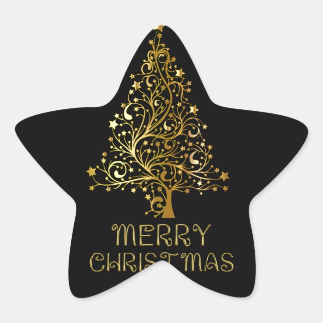 Merry Christmas Tree Stars Black Gold Shiny Chic Star Sticker (Front)