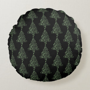 Merry Christmas Tree Stars Black Green Pattern Round Pillow