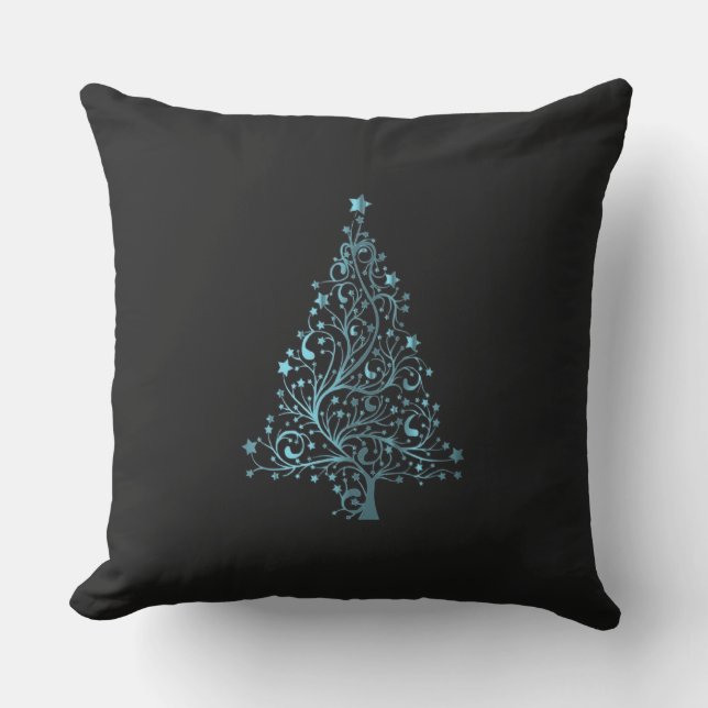 Merry Christmas Tree Stars Black Metallic Blue Outdoor Pillow (Front)
