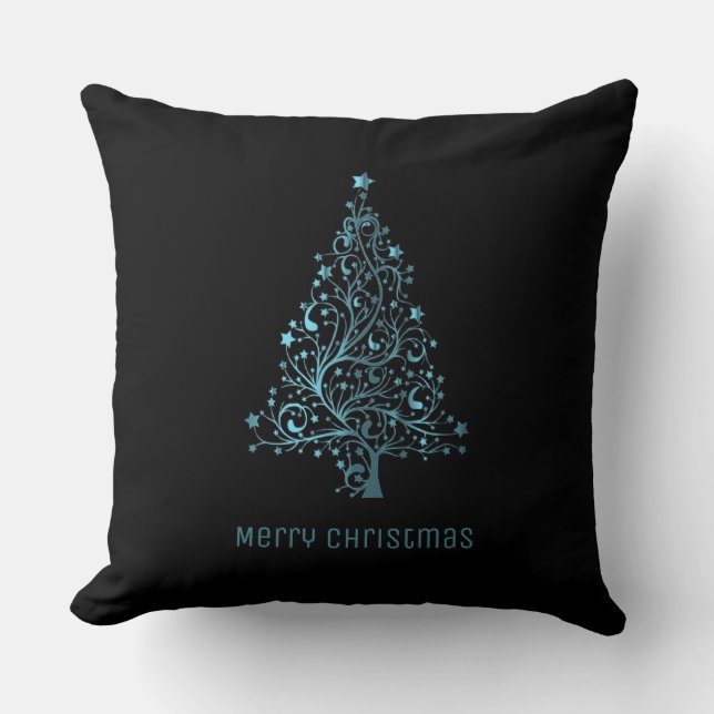 Merry Christmas Tree Stars Black Metallic Blue Throw Pillow (Front)