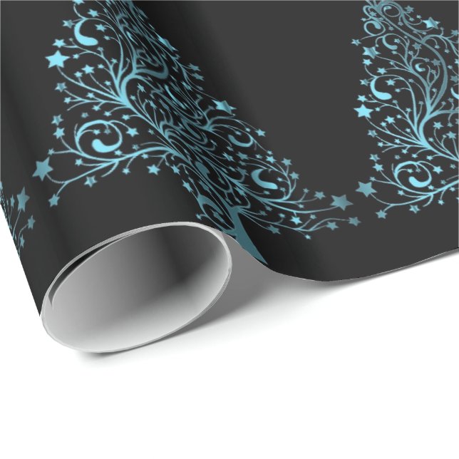 Merry Christmas Tree Stars Black Metallic Blue Wrapping Paper (Roll Corner)