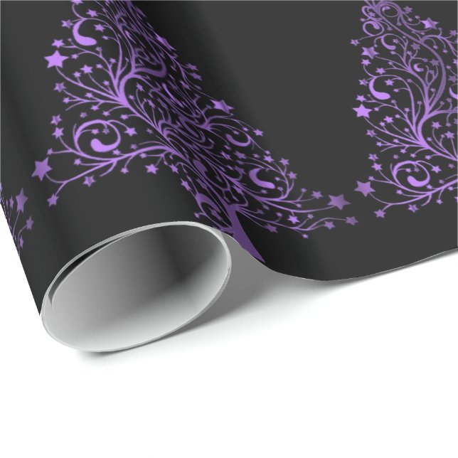 Merry Christmas Tree Stars Black Metallic Purple Wrapping Paper (Roll Corner)