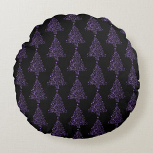 Merry Christmas Tree Stars Black Purple Pattern Round Pillow