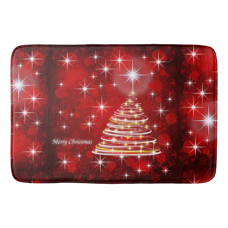 Merry Christmas Tree Stars Red Holiday Bath Mat Zazzle
