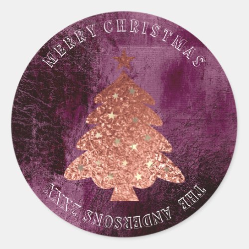 Merry Christmas Tree Stars Rose Gold Burgundy Red Classic Round Sticker