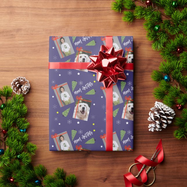 Merry Christmas Tree Stars Snowflakes 2 Photos  Wrapping Paper (Holiday Gift)