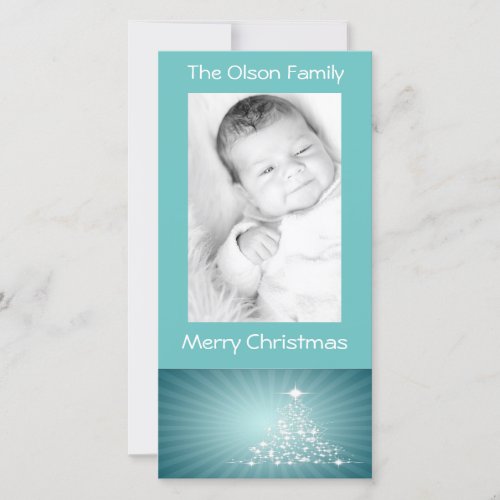 Merry Christmas Tree Stars Teal Light Blue 1 Photo Holiday Card