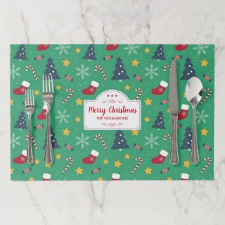 Merry Christmas Tree Stockings Snowflake Custom Paper Placemat