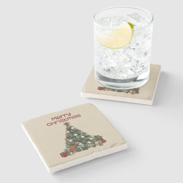 Merry Christmas Tree Stone Coaster (Side)