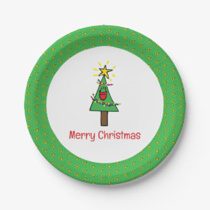 Merry Christmas Tree String of Lights Ornaments Paper Plates