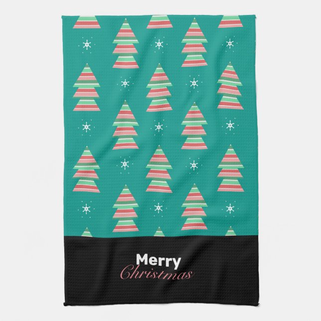 Merry Christmas Tree Stripes Pattern Kitchen Towel (Vertical)