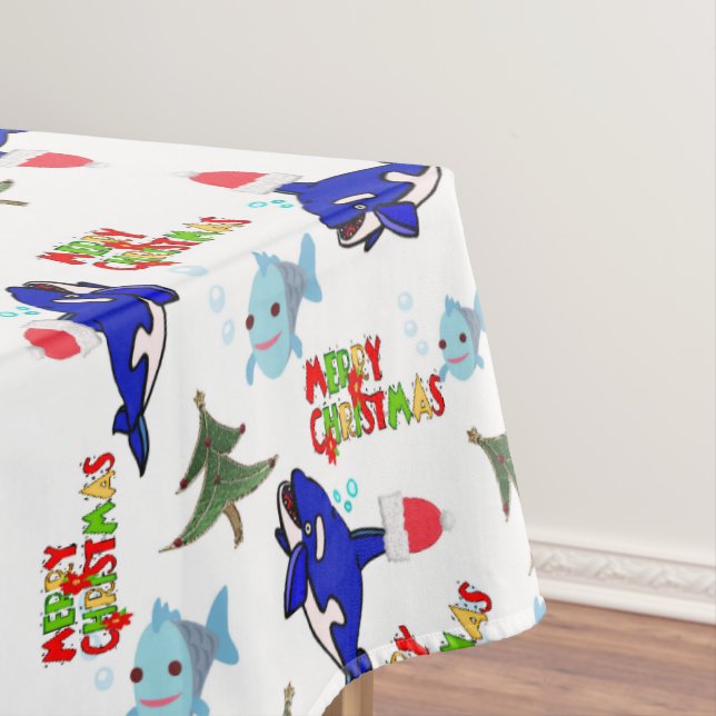 Merry Christmas Tree Tablecloth, Shark Fish Tablecloth (In Situ)