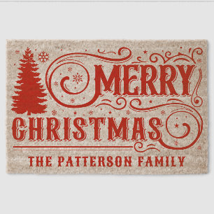 Merry Christmas Tree Typography Family Name Fiber Doormat