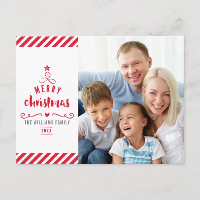 MERRY CHRISTMAS TREE typography family photo red Holiday Postcard (Front)