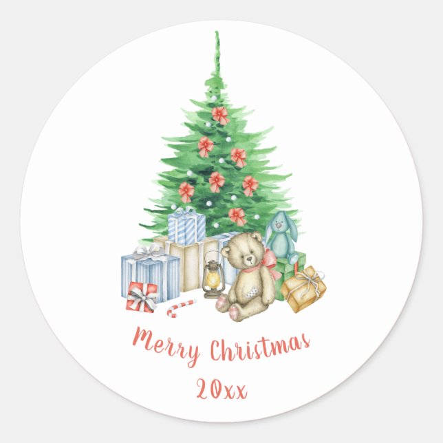Merry Christmas Tree Typography Personalize Classic Round Sticker (Front)