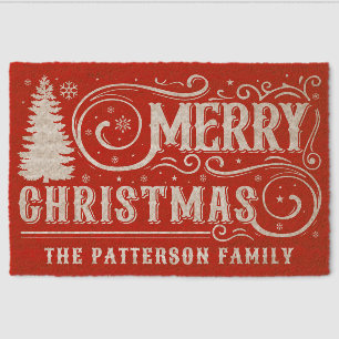 Merry Christmas Tree Typography Personalized Name Fiber Doormat