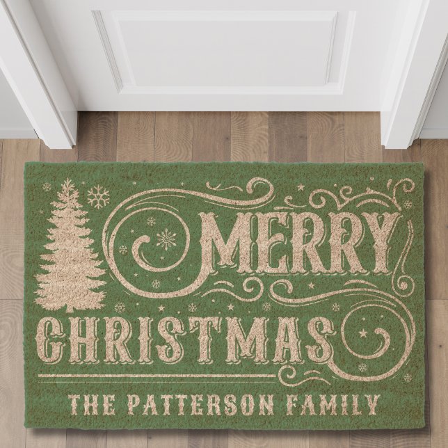 Merry Christmas Tree Typography Personalized Name Fiber Doormat (Creator Uploaded)