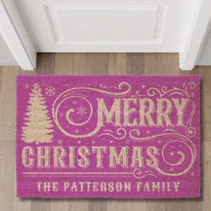 Merry Christmas Tree Typography Personalized Name Fiber Doormat