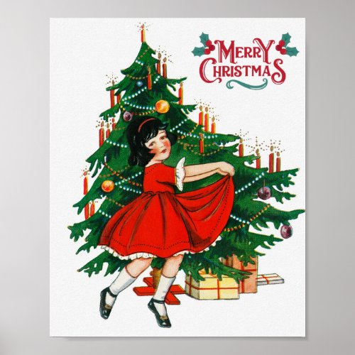 Merry christmas tree vintage art poster