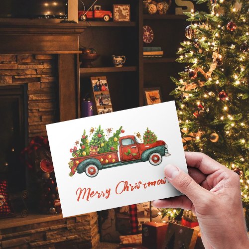 Merry Christmas Tree Vintage Red Truck Greeting Holiday Postcard