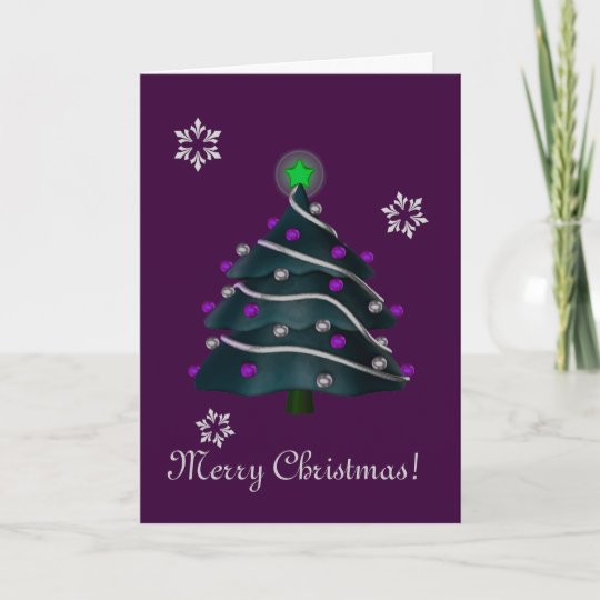 Merry Christmas Tree W Silver Purple Decor Holiday Card