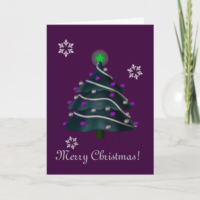 "Merry Christmas!" - Tree w/ Silver & Purple Decor Holiday Card (Front)