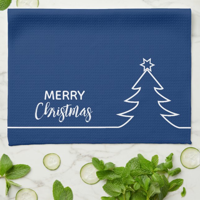 Merry Christmas Tree w Star Blue White Line Art   Kitchen Towel (Folded)