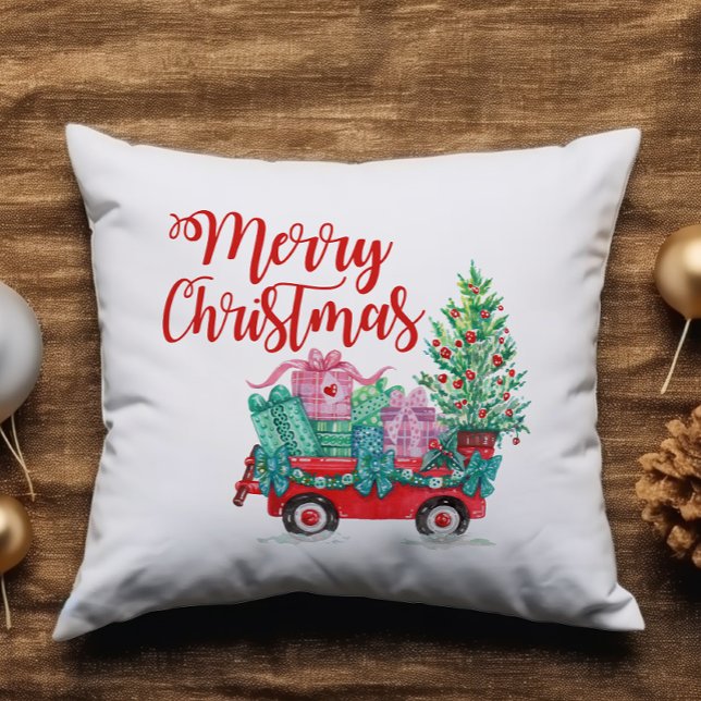 Merry Christmas Tree Wagon Gifts Cute Fun Throw Pillow (Creator Uploaded)