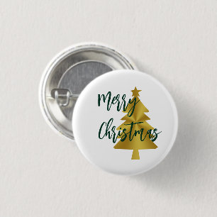 Merry Christmas Tree White Gold and Green Script Button