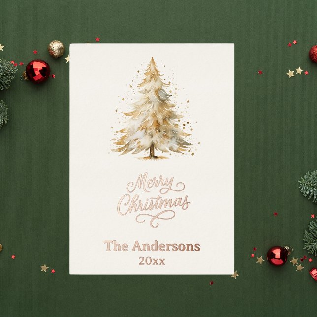 Merry Christmas tree white photo year in review Foil Holiday Card (Creator Uploaded)