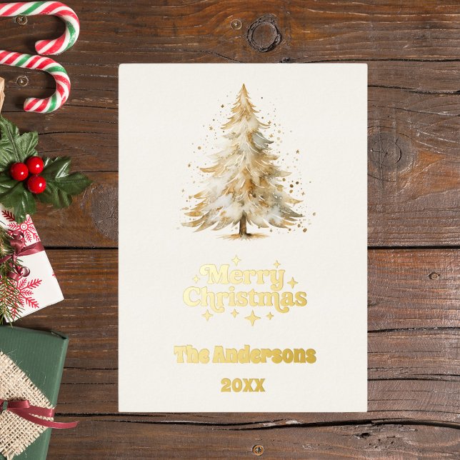 Merry Christmas tree white photo year in review Foil Holiday Card (Creator Uploaded)