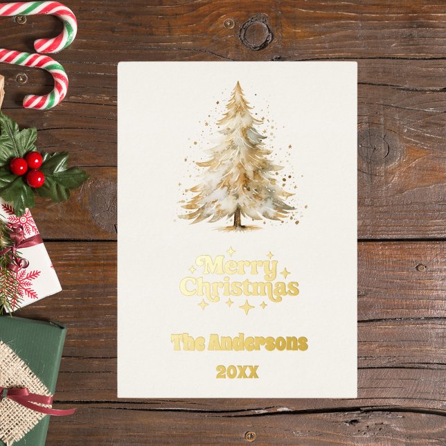 Merry Christmas tree white snow gold Foil Holiday Card (Creator Uploaded)