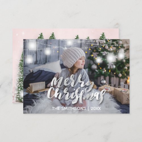 Merry Christmas Tree Winter Lights Photo Pink Snow Invitation