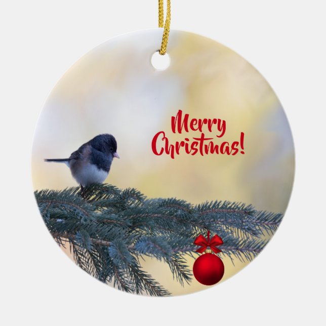 Merry Christmas Tree with a Snowbird on a Ceramic Ornament (Front)