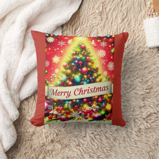 "Merry Christmas Tree with Colorful Ornaments   Throw Pillow (Blanket)
