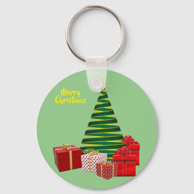 Merry Christmas ~ Tree with Gifts Keychain (Front)