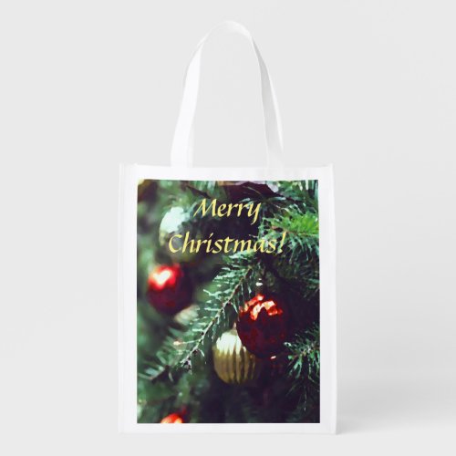 Merry Christmas Tree with Red Ornaments Reusable Grocery Bag