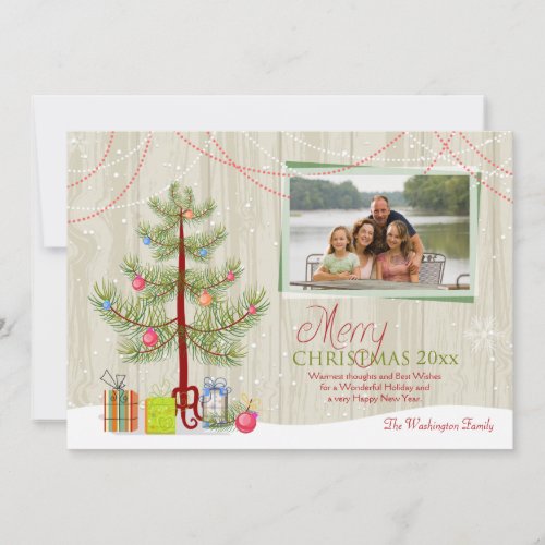 Merry Christmas tree wood plank holiday photo card