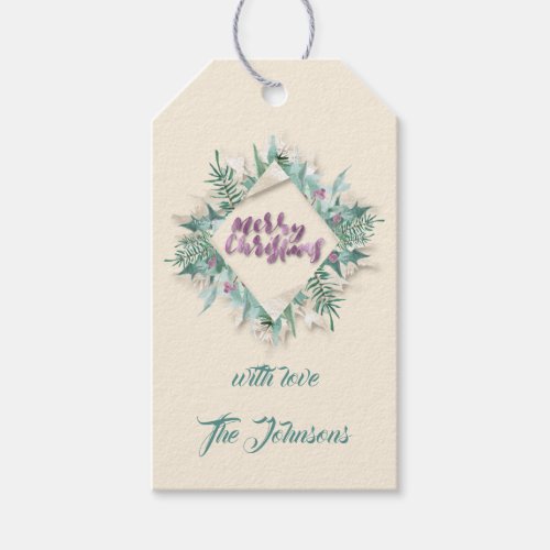 Merry Christmas Tree Wreath Holiday Ivory Violet Gift Tags