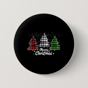 Merry Christmas Tree Xmas Buffalo Plaid Red White Button