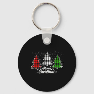Merry Christmas Tree Xmas Buffalo Plaid Red White Keychain