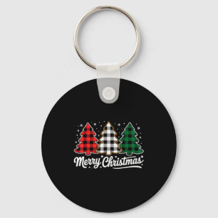 Merry Christmas Tree Xmas Buffalo Plaid Red White Keychain