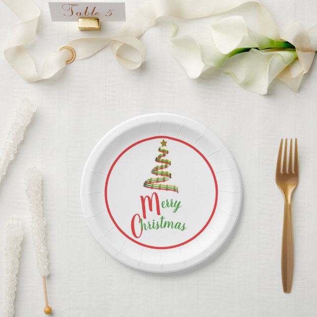 Merry Christmas TreeRed, Green, Gold Art Holiday Paper Plates (Wedding)